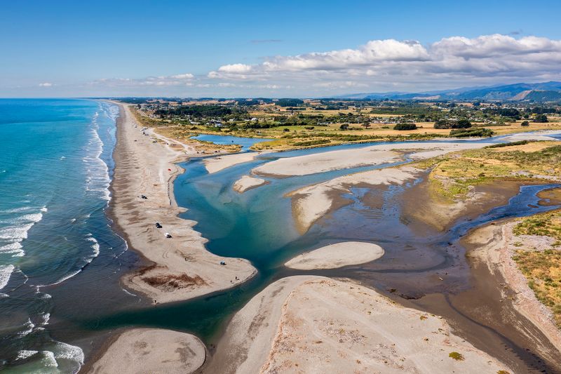 Drone Photo of the mouth of the Otaki River, - looking north 