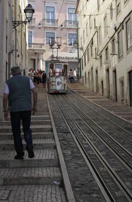 Howard chugging away up to the top station of the Bica elevador