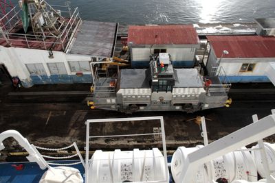 In a Gatun lock we go: Life rafts are on Marina below our balcony, mule is ashore -- not much room in that lock!
