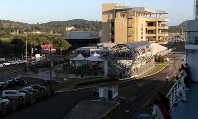 As dusk falls we entered Miraflores locks with its impressive Visitors Center