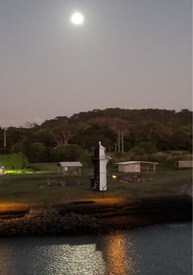 My favorite: Gamboa Northbound Front lighthouse after Miraflores with full moon & reflection. Almost missed it.