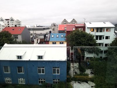 Reykjavik rainy view from our tiny balcony.  Howard saw Mars cruise by earlier. 