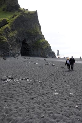 Reynisfjara first view of caves beach sea stacks