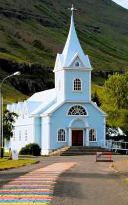 Seydi blue church with part of rainbow road