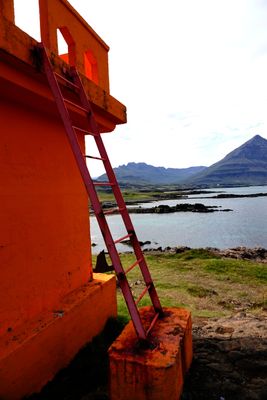 Aedarstein ladder with mountain in back. (Yes, I climbed the ladder, though it was kind of scary way up top.)