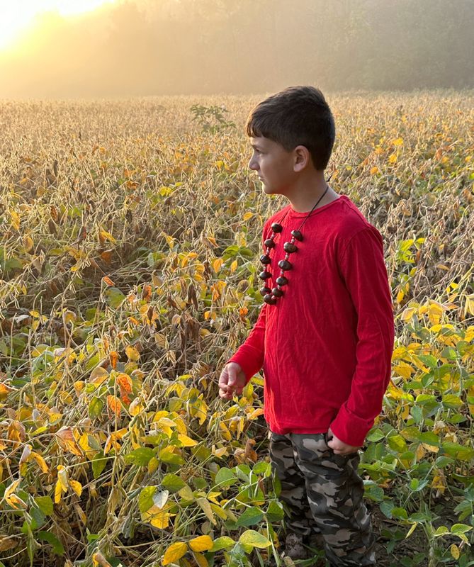 AJ in the soybean field at sunrise