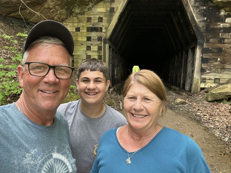 At a rail-trail tunnel with George