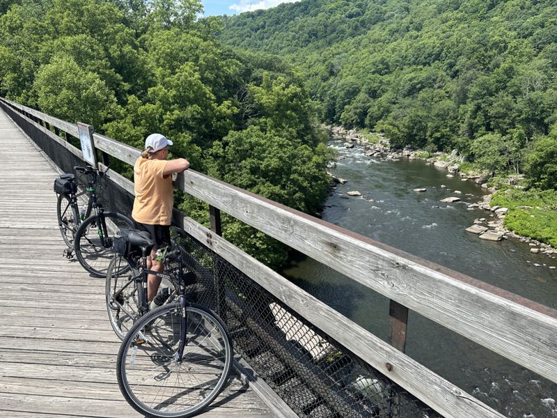 High rail-trail trestle over the Youghiogheny River.