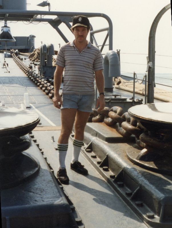 Rex at the anchor chain capstans, USS Iowa BB-61 - 1986