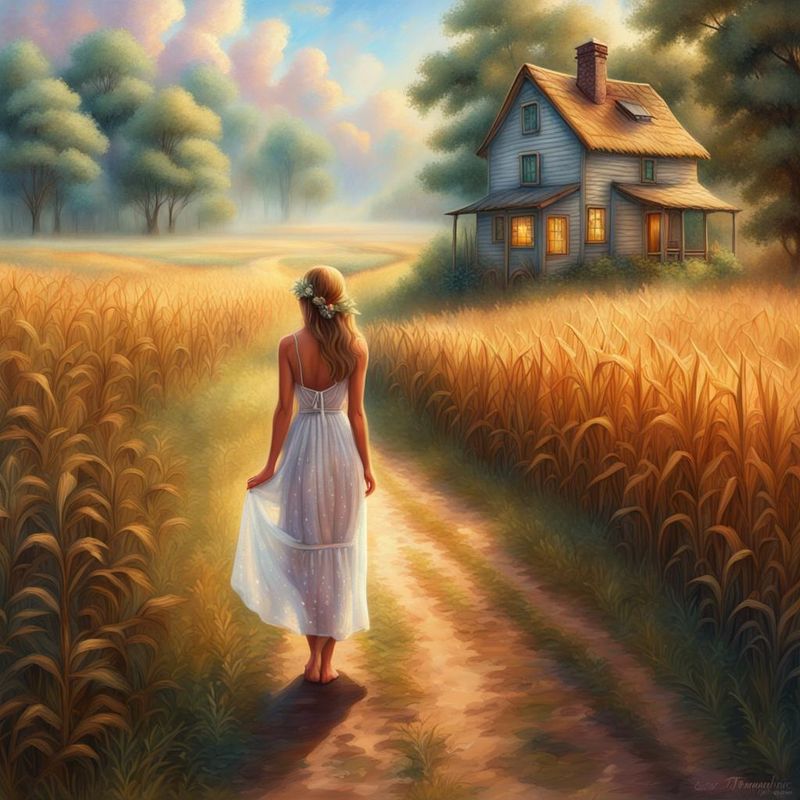 Young woman in a white printed summer dress stands on a country road among the cornfields 1.jpg