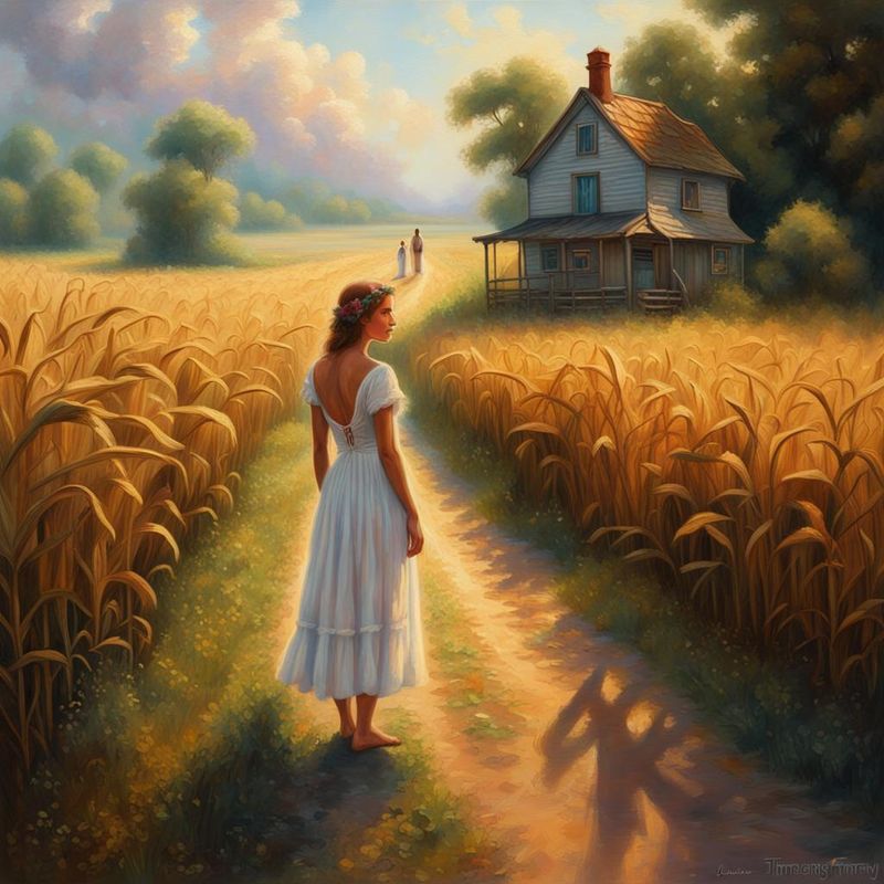 Young woman in a white printed summer dress stands on a country road among the cornfields 2.jpg