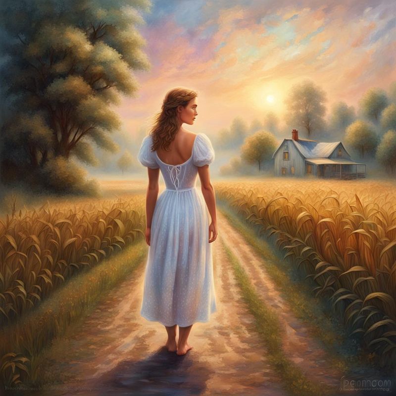 Young woman in a white printed summer dress stands on a country road among the cornfields 3.jpg
