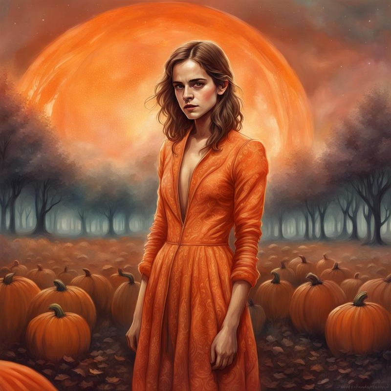 Emma Watson in a sensual printed Orange dress standing in a Pumpkingfield.jpg