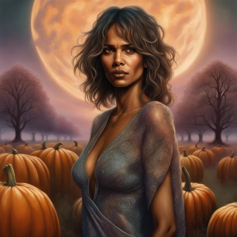 Halle Berry in a sensual printed Orange dress standing in a Pumpkingfield 1.jpg