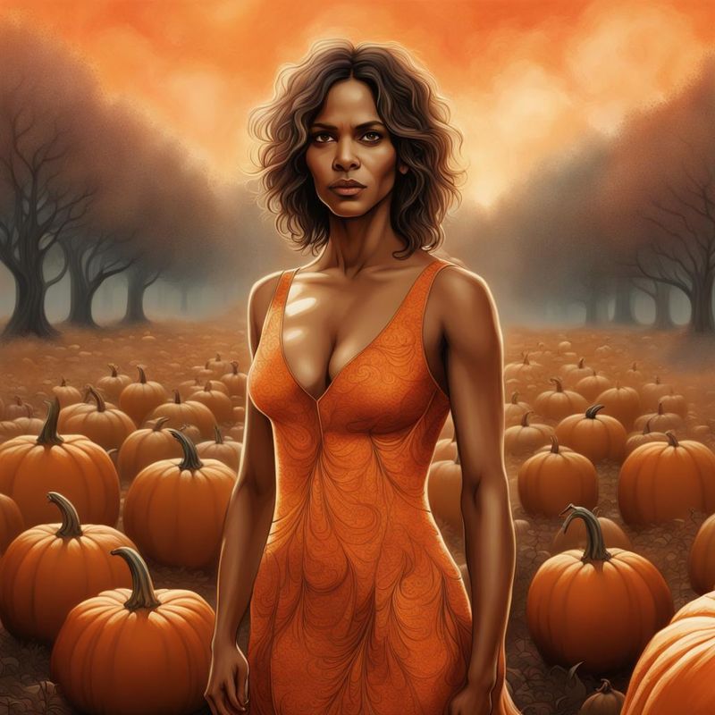 Halle Berry in a sensual printed Orange dress standing in a Pumpkingfield 2.jpg