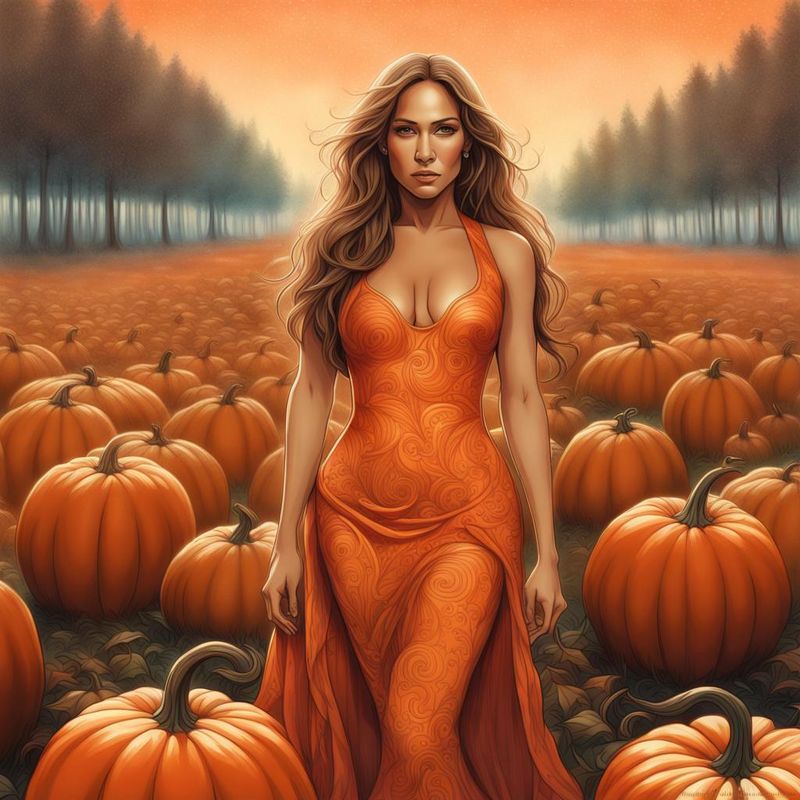 Jennifer Lopez in a sensual printed Orange dress standing in a Pumpkingfield 3.jpg