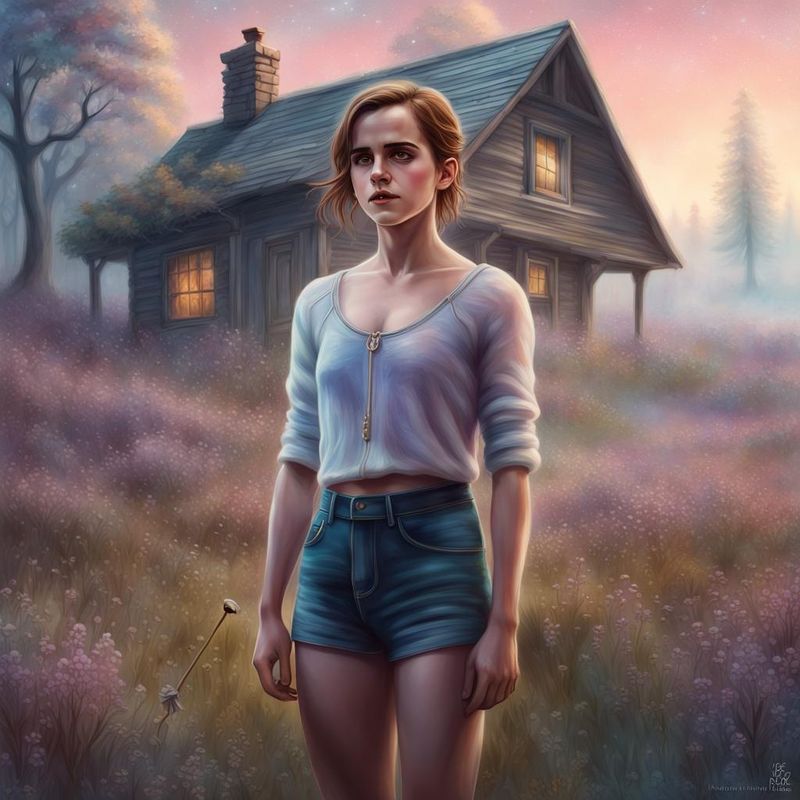 Emma Watson standing in the Heath by an Old Cabin 1.jpg