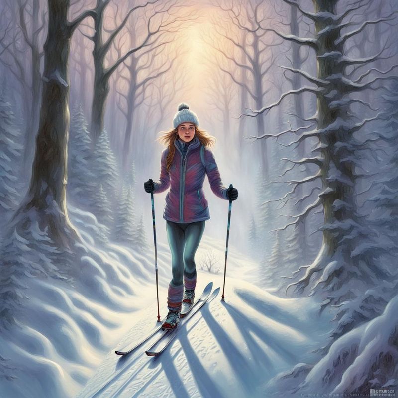 A young woman on skis cross-country skis on a path in the snow-covered in the woods 1.jpg