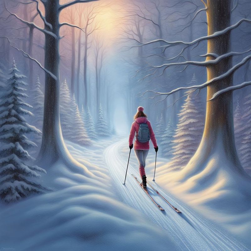 A young woman on skis cross-country skis on a path in the snow-covered in the woods 2.jpg
