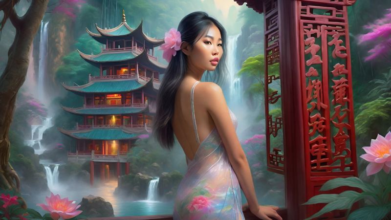 Sensual Young Asian woman in front of a Chinese temple in the jungle 1.jpg