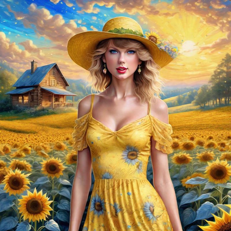 Taylor Swift in a Yellow printed sensual dress in an Sunflower field 5.jpg