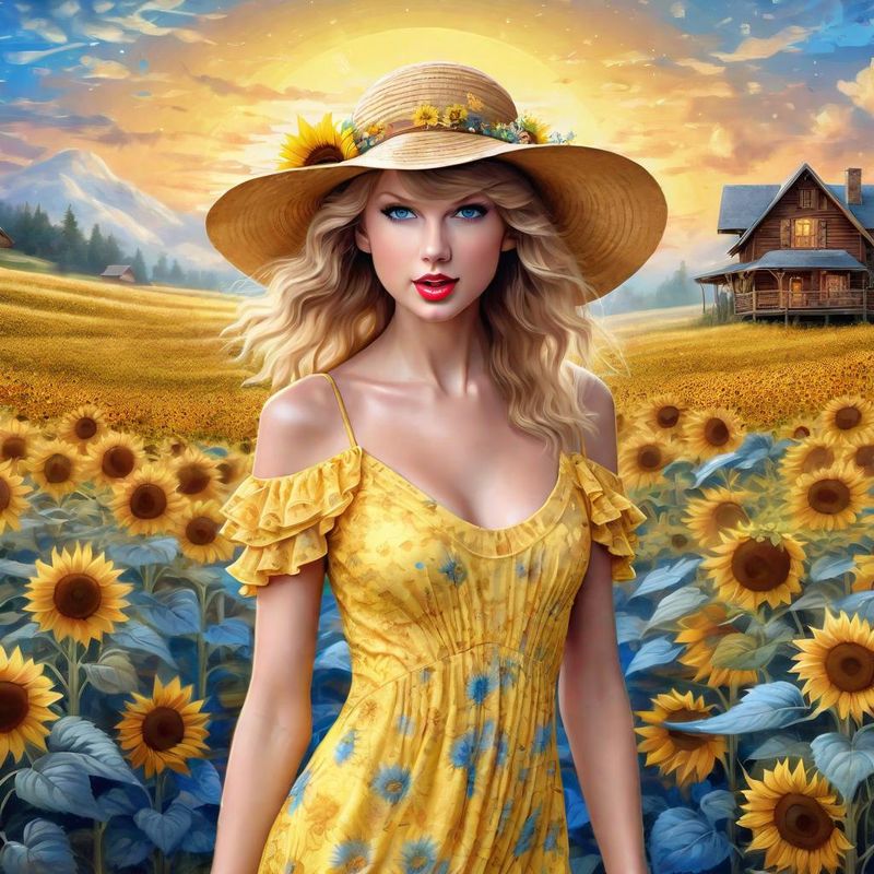 Taylor Swift in a Yellow printed sensual dress in an Sunflower field 4.jpg