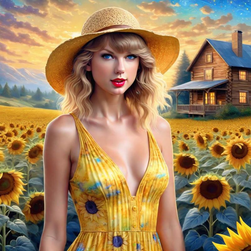 Taylor Swift in a Yellow printed sensual dress in an Sunflower field 3.jpg