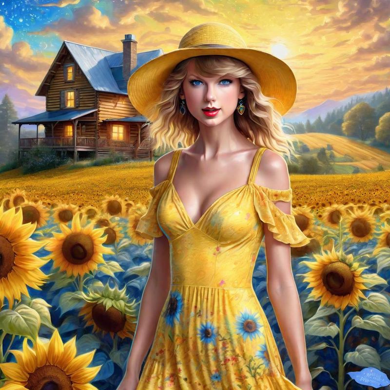 Taylor Swift in a Yellow printed sensual dress in an Sunflower field 2.jpg