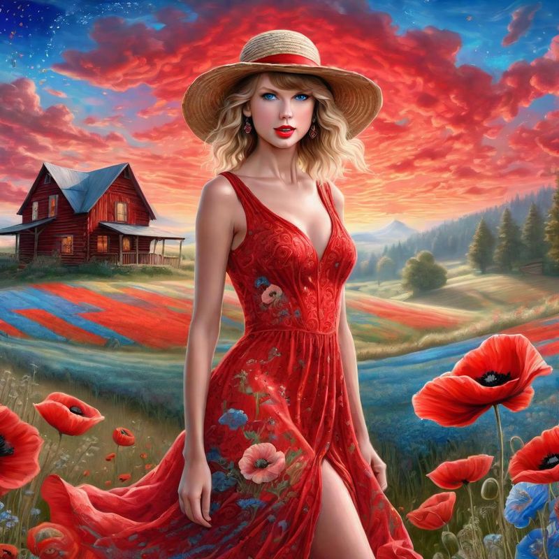 Taylor Swift in a Red printed sensual dress in an Poppy field 5.jpg