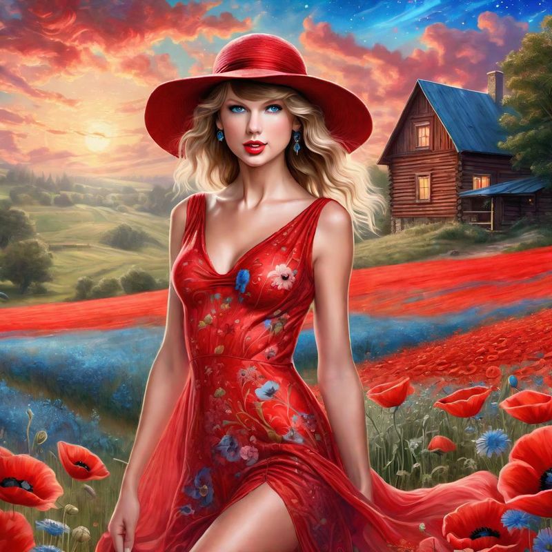 Taylor Swift in a Red printed sensual dress in an Poppy field 4.jpg