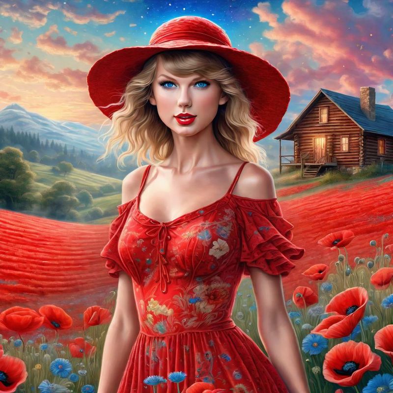 Taylor Swift in a Red printed sensual dress in an Poppy field 3.jpg