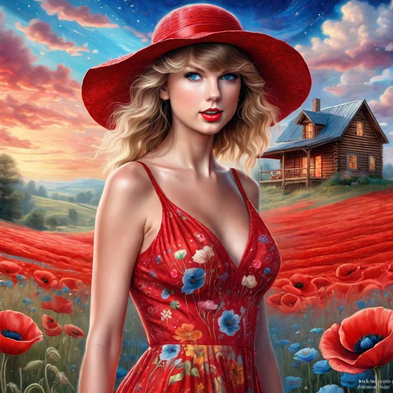 Taylor Swift in a Red printed sensual dress in an Poppy field 2.jpg