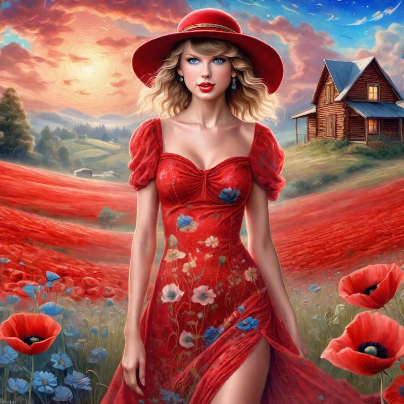 Taylor Swift in a Red printed sensual dress in an Poppy field 1.jpg