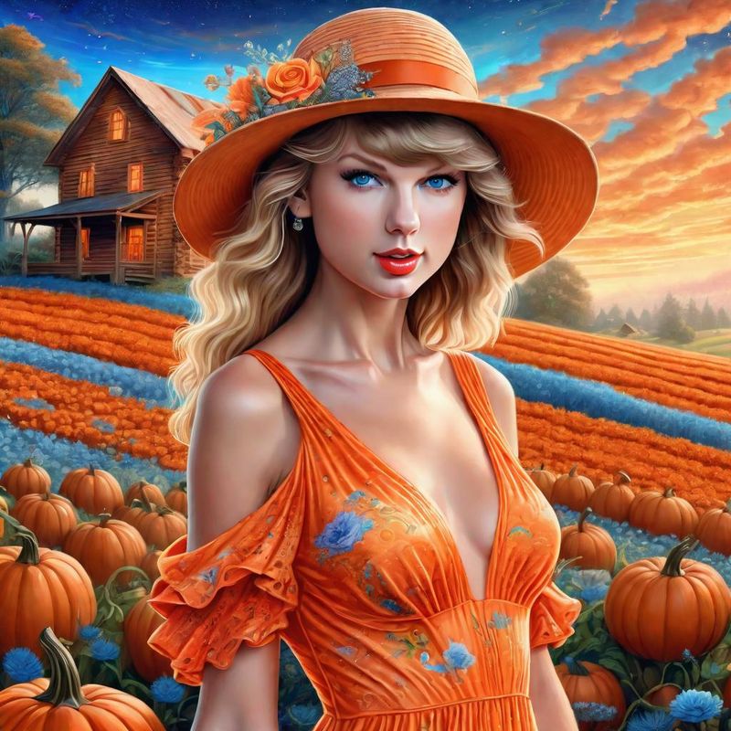 Taylor Swift in a Orange printed sensual dress in an Pumpkin Field 5.jpg