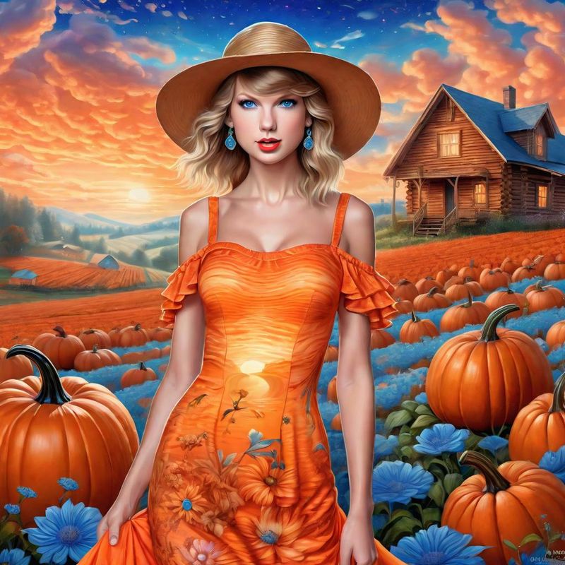 Taylor Swift in a Orange printed sensual dress in an Pumpkin Field 4.jpg