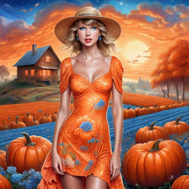 Taylor Swift in a Orange printed sensual dress in an Pumpkin Field 3.jpg