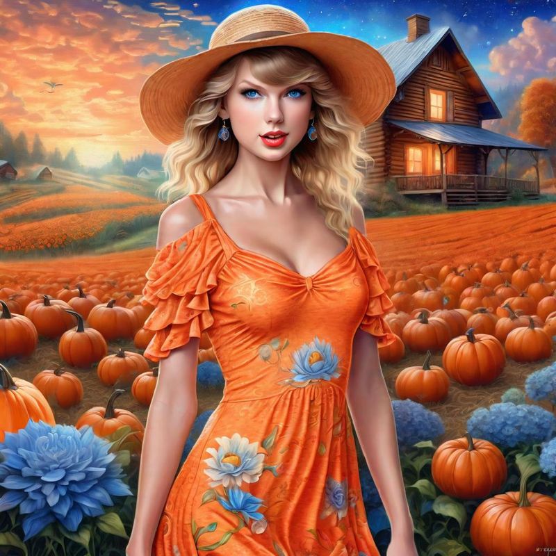 Taylor Swift in a Orange printed sensual dress in an Pumpkin Field 2.jpg
