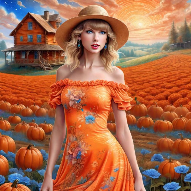 Taylor Swift in a Orange printed sensual dress in an Pumpkin Field 1.jpg