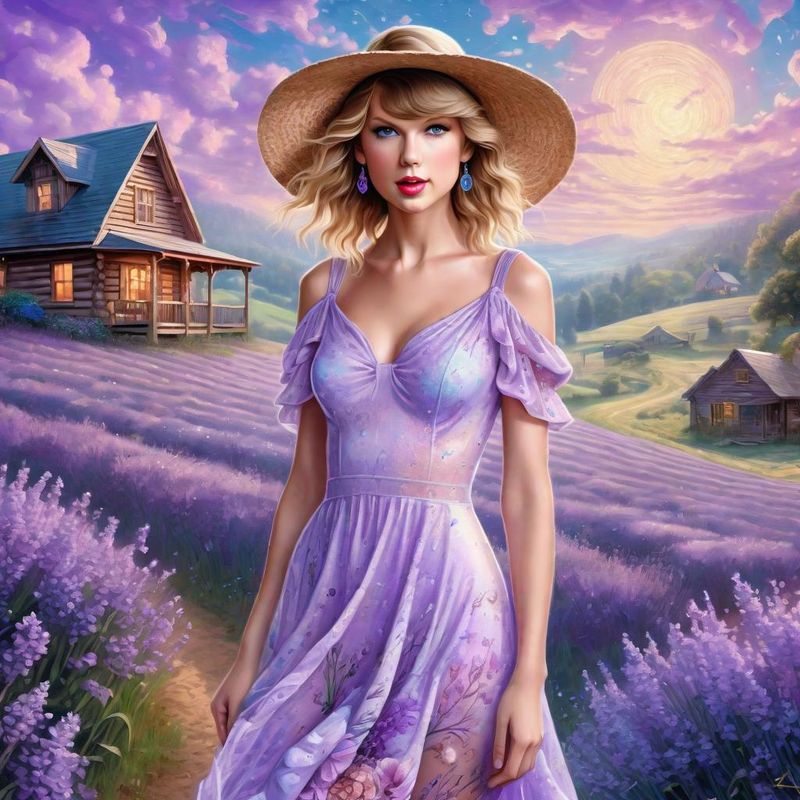 Taylor Swift in a lilac printed sensual dress in an Lavender Field 5.jpg