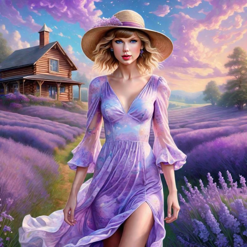 Taylor Swift in a lilac printed sensual dress in an Lavender Field 4.jpg