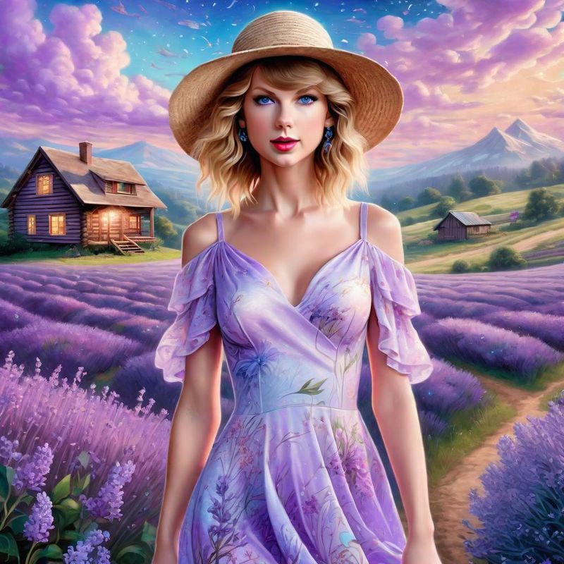 Taylor Swift in a lilac printed sensual dress in an Lavender Field 3.jpg