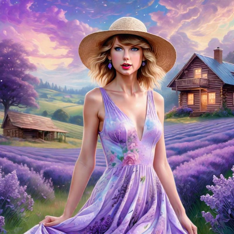 Taylor Swift in a lilac printed sensual dress in an Lavender Field 2.jpg