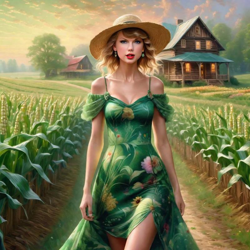 Taylor Swift in a green printed sensual dress in a Cornfield 4.jpg