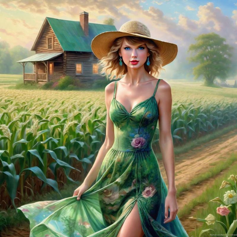 Taylor Swift in a green printed sensual dress in a Cornfield 3.jpg