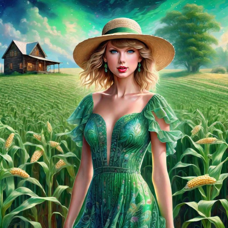 Taylor Swift in a green printed sensual dress in a Cornfield 2.jpg