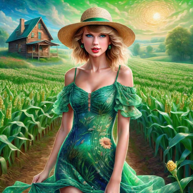 Taylor Swift in a green printed sensual dress in a Cornfield 1.jpg