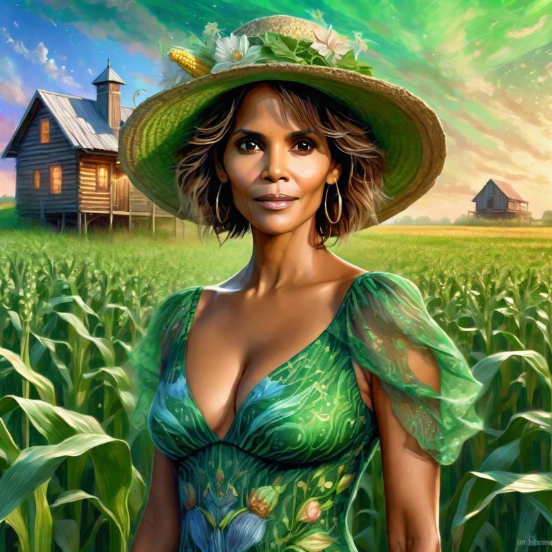 Halle Berry in a green printed sensual dress in a Cornfield 5.jpg