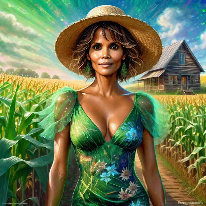 Halle Berry in a green printed sensual dress in a Cornfield 4.jpg