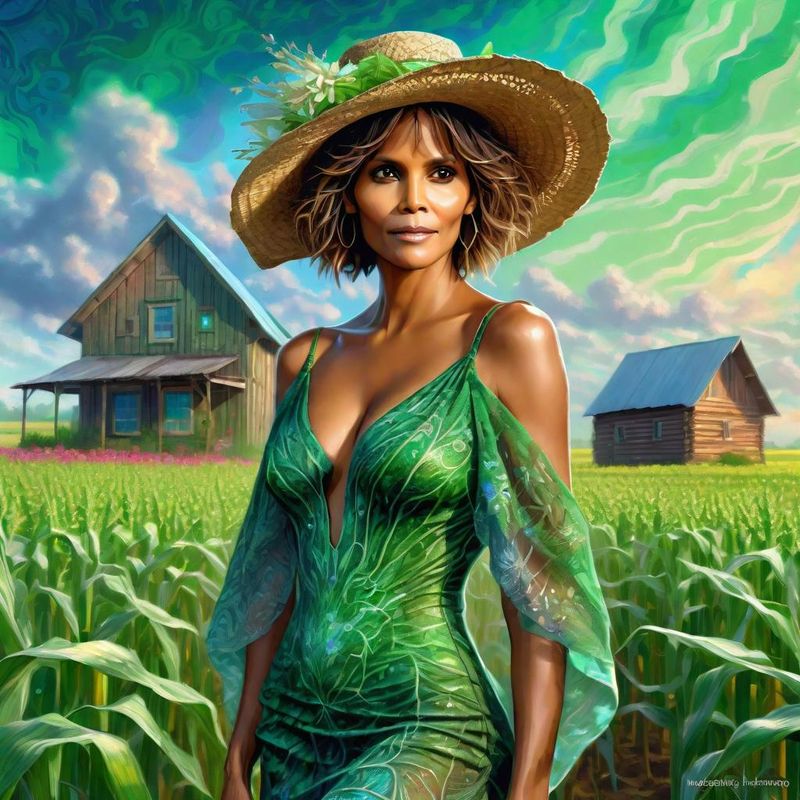 Halle Berry in a green printed sensual dress in a Cornfield 2.jpg