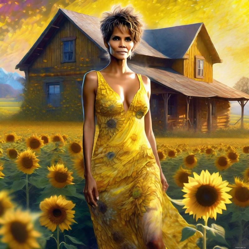 Halle Berry in a Yellow printed sensual dress in a Sunflower field 5.jpg